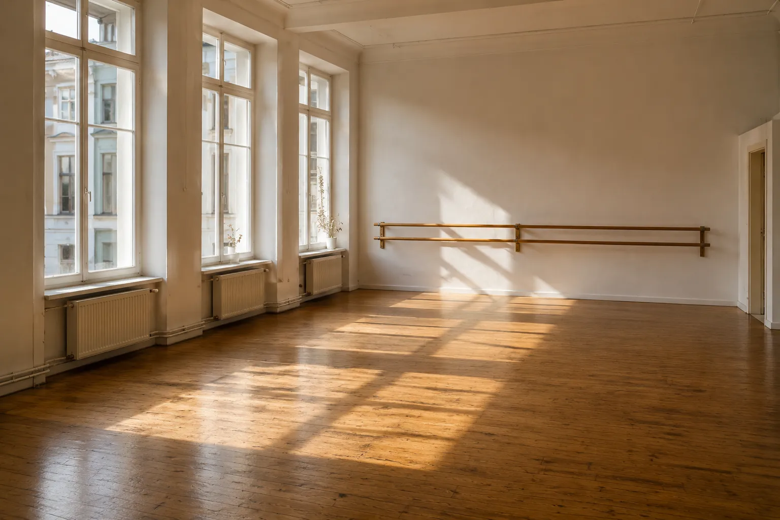 Heller Tanzsaal mit Holzboden, hohen Fenstern und einer Ballettstange an der Wand.