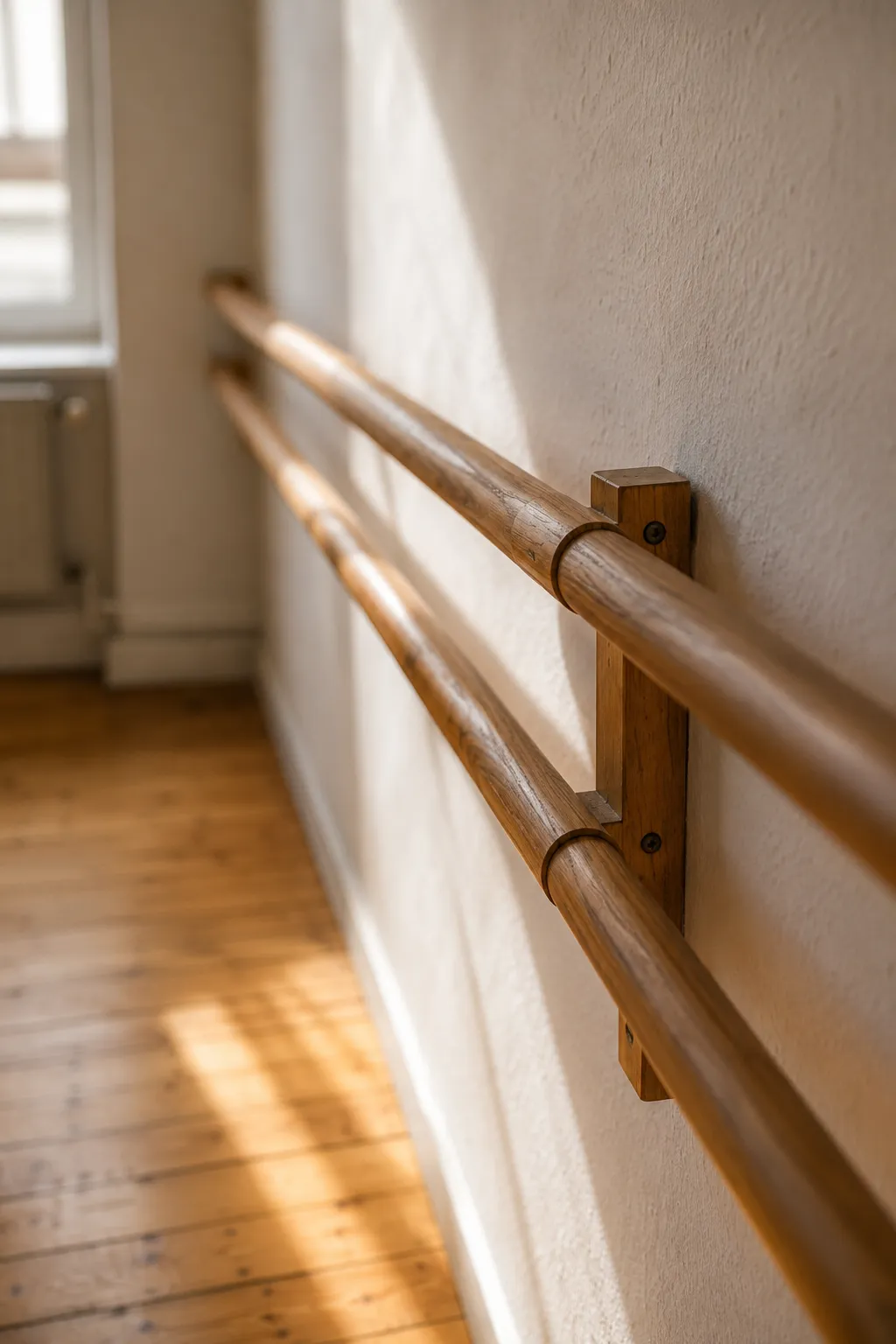 Eine hölzerne Ballettstange im Seitenlicht, dahinter ein Fenster.