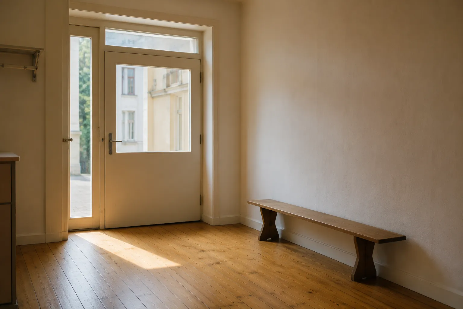 Ein heller Eingangsbereich mit Holzboden, Garderobe und einer Sitzbank an der Wand.
